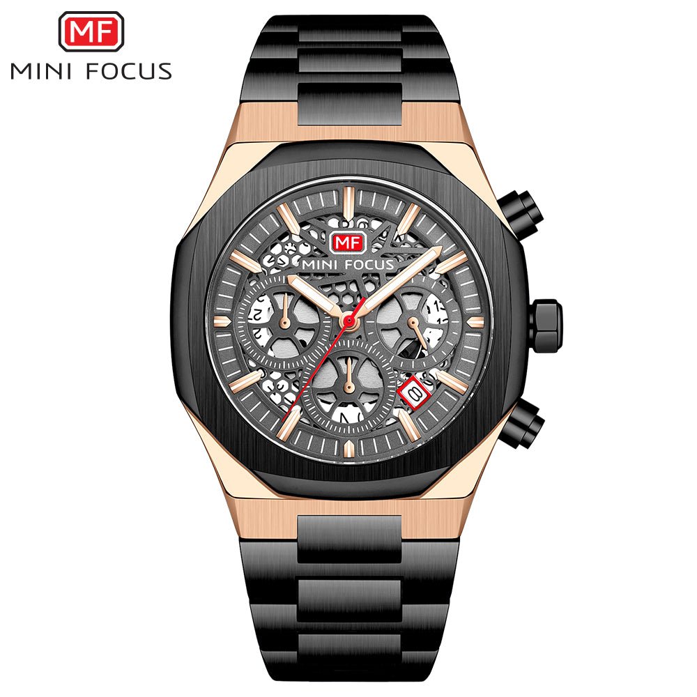 Mini Focus MF0411G.04 Prism Black Skeleton Chronograph – Aurora Steel & Oceanic Gear Revelation