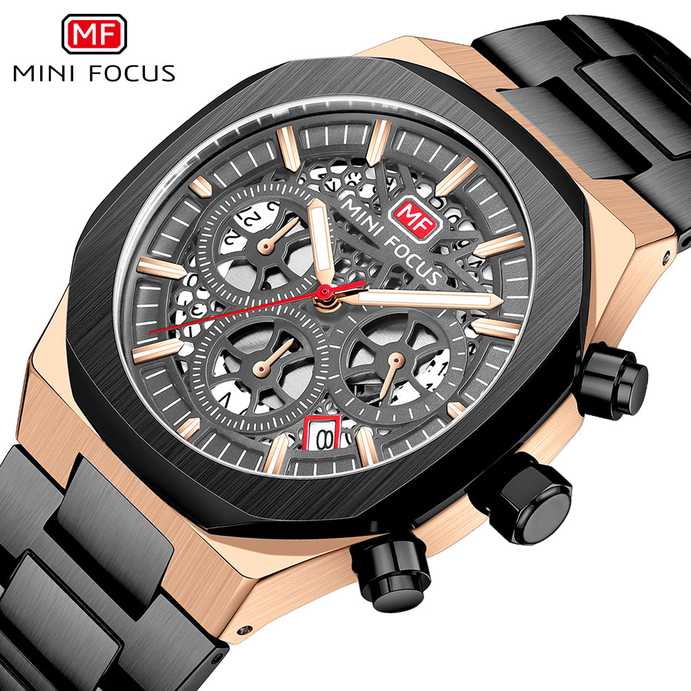 Mini Focus MF0411G.04 Prism Black Skeleton Chronograph – Aurora Steel & Oceanic Gear Revelation