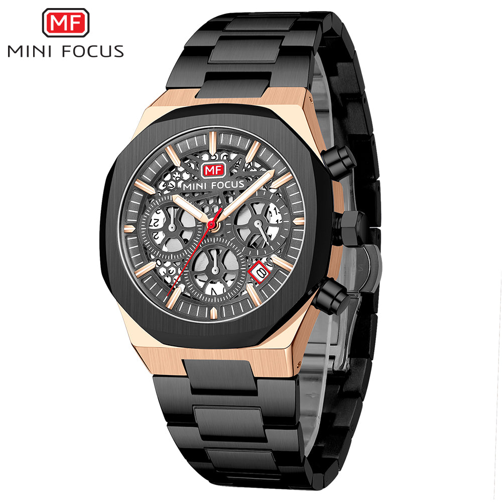 Mini Focus MF0411G.04 Prism Black Skeleton Chronograph – Aurora Steel & Oceanic Gear Revelation