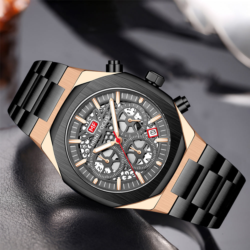 Mini Focus MF0411G.04 Prism Black Skeleton Chronograph – Aurora Steel & Oceanic Gear Revelation
