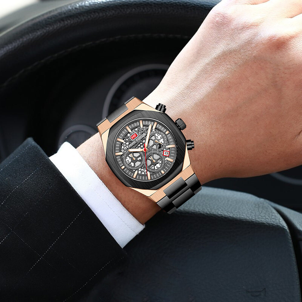 Mini Focus MF0411G.04 Prism Black Skeleton Chronograph – Aurora Steel & Oceanic Gear Revelation