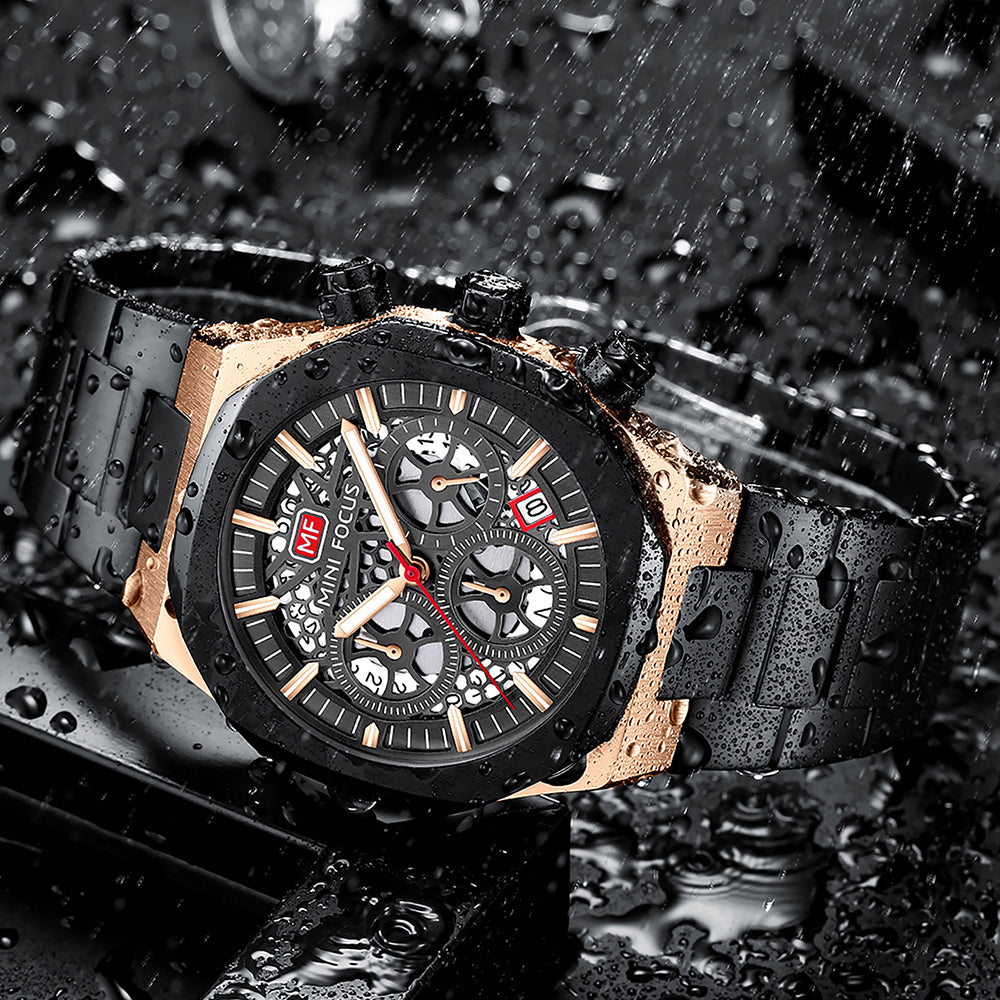 Mini Focus MF0411G.04 Prism Black Skeleton Chronograph – Aurora Steel & Oceanic Gear Revelation