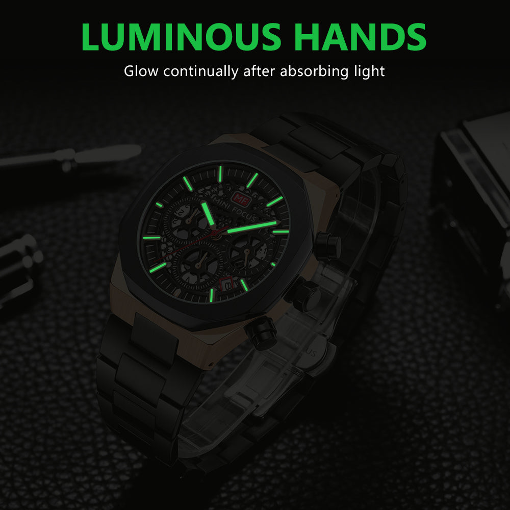 Mini Focus MF0411G.04 Prism Black Skeleton Chronograph – Aurora Steel & Oceanic Gear Revelation