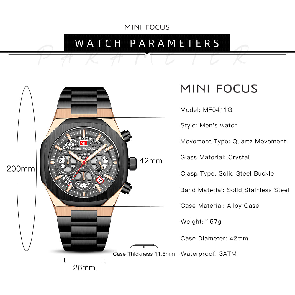 Mini Focus MF0411G.04 Prism Black Skeleton Chronograph – Aurora Steel & Oceanic Gear Revelation