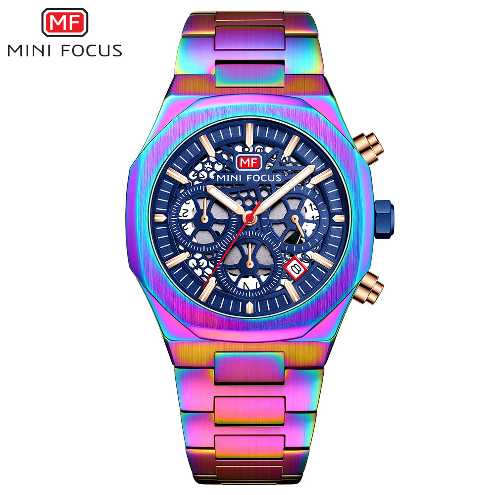 Mini Focus MF0411G.05 Regal Emerald Skeleton Chronograph – Gilded Steel & Vibrant Gear Exposure