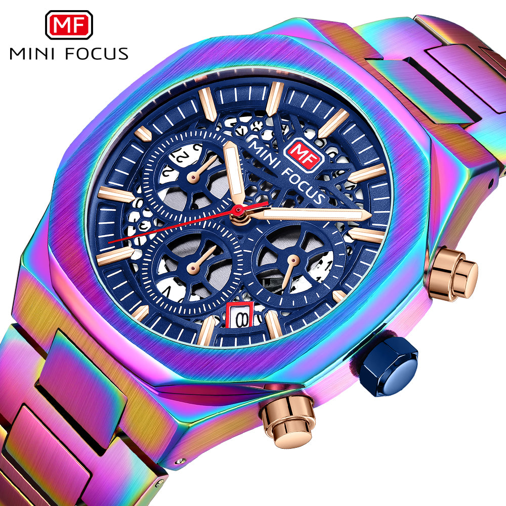 Mini Focus MF0411G.05 Regal Emerald Skeleton Chronograph – Gilded Steel & Vibrant Gear Exposure