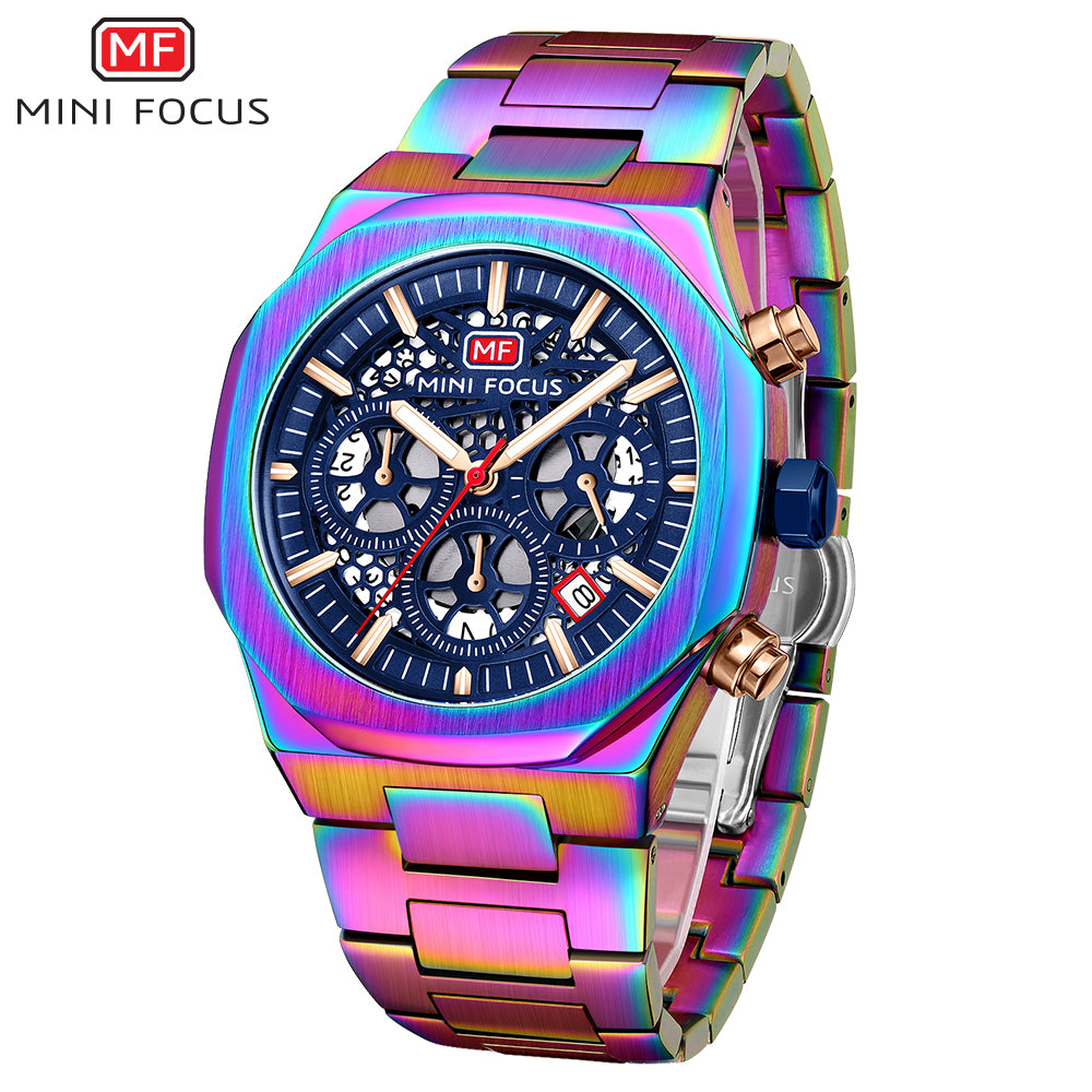 Mini Focus MF0411G.05 Regal Emerald Skeleton Chronograph – Gilded Steel & Vibrant Gear Exposure