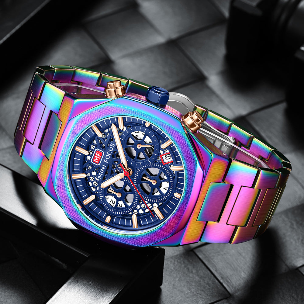 Mini Focus MF0411G.05 Regal Emerald Skeleton Chronograph – Gilded Steel & Vibrant Gear Exposure