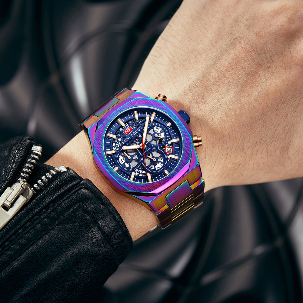 Mini Focus MF0411G.05 Regal Emerald Skeleton Chronograph – Gilded Steel & Vibrant Gear Exposure