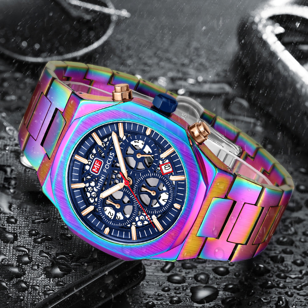 Mini Focus MF0411G.05 Regal Emerald Skeleton Chronograph – Gilded Steel & Vibrant Gear Exposure
