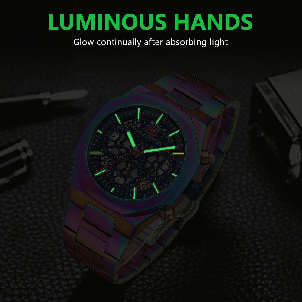 Mini Focus MF0411G.05 Regal Emerald Skeleton Chronograph – Gilded Steel & Vibrant Gear Exposure