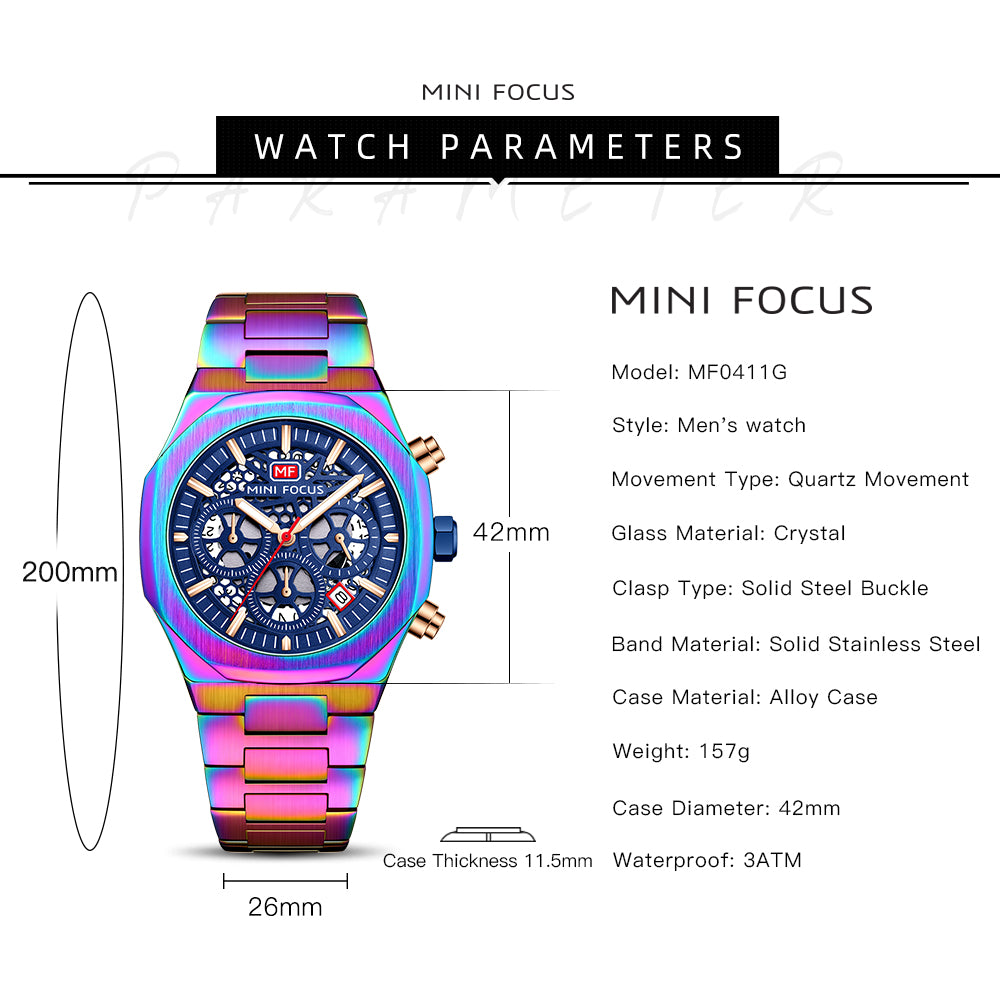 Mini Focus MF0411G.05 Regal Emerald Skeleton Chronograph – Gilded Steel & Vibrant Gear Exposure