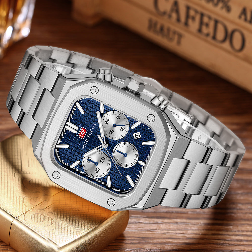 Mini Focus MF0414G.01 Sovereign Navy Chronograph – Sterling Steel Precision & Octagonal Authority
