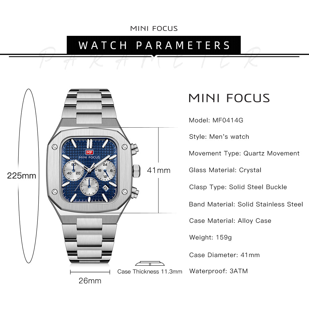 Mini Focus MF0414G.01 Sovereign Navy Chronograph – Sterling Steel Precision & Octagonal Authority