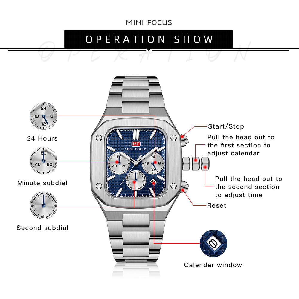Mini Focus MF0414G.01 Sovereign Navy Chronograph – Sterling Steel Precision & Octagonal Authority