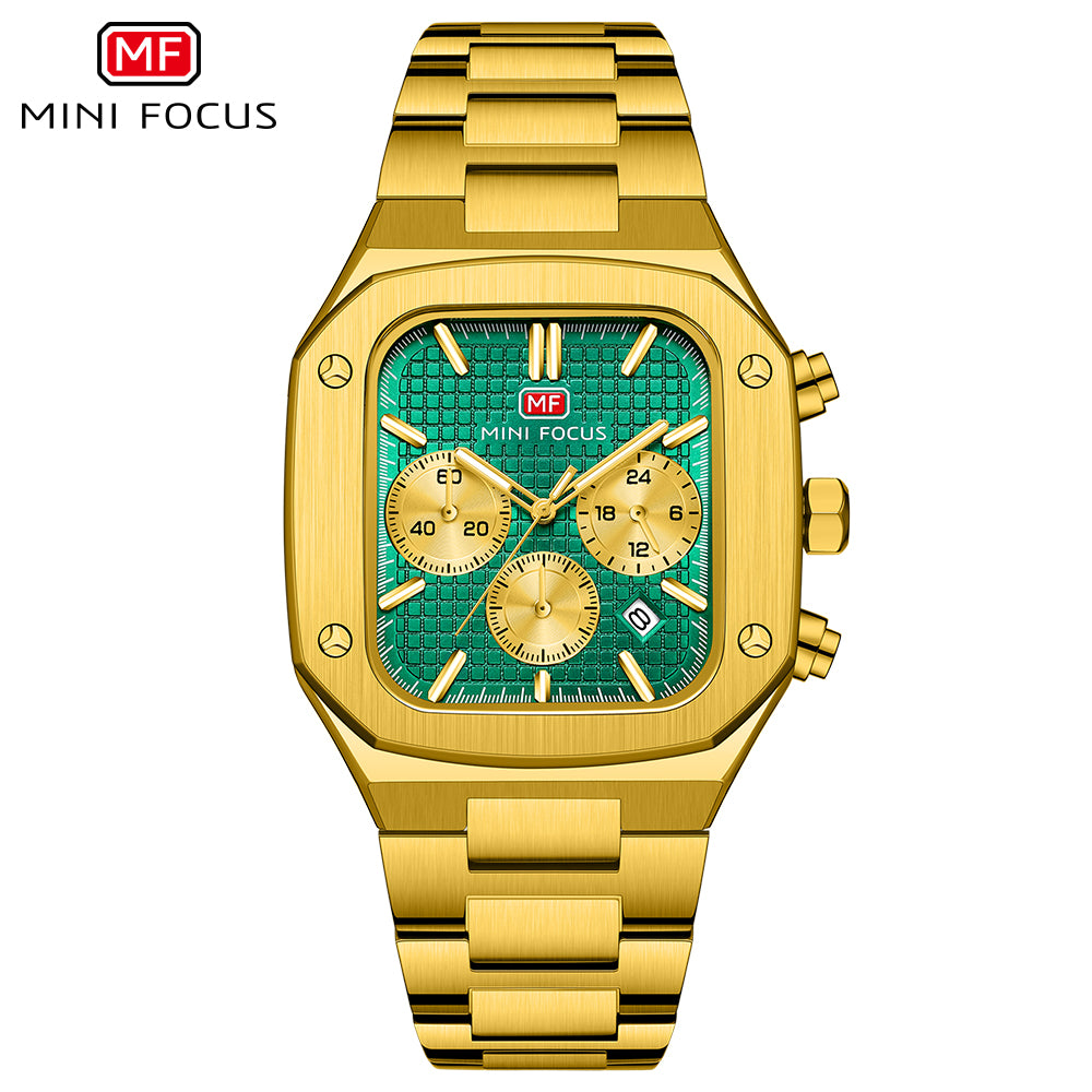 Mini Focus MF0414G.02 Imperial Emerald Chronograph – Gilded Steel Majesty & Geometric Power