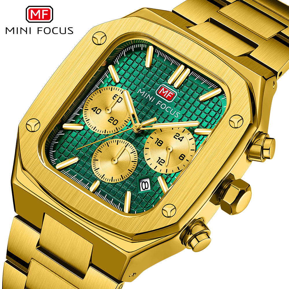 Mini Focus MF0414G.02 Imperial Emerald Chronograph – Gilded Steel Majesty & Geometric Power