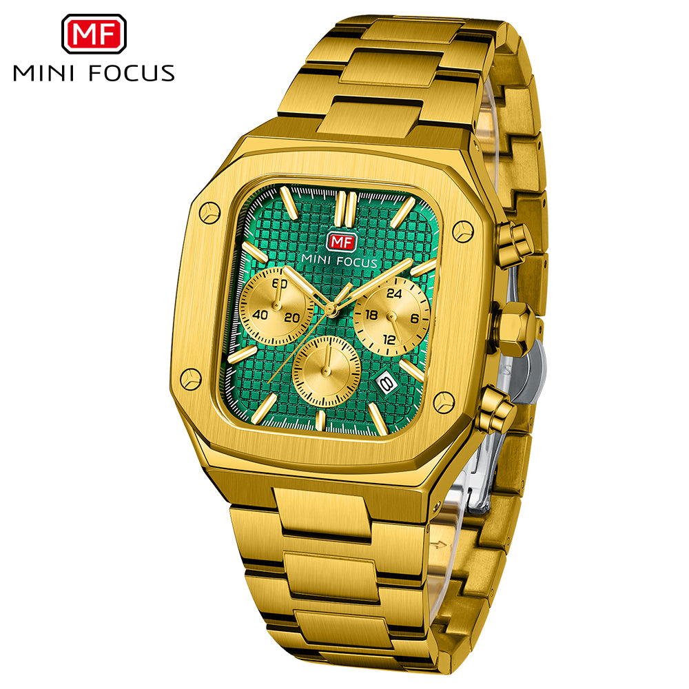 Mini Focus MF0414G.02 Imperial Emerald Chronograph – Gilded Steel Majesty & Geometric Power