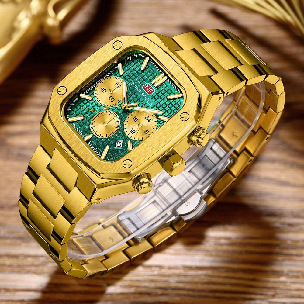 Mini Focus MF0414G.02 Imperial Emerald Chronograph – Gilded Steel Majesty & Geometric Power