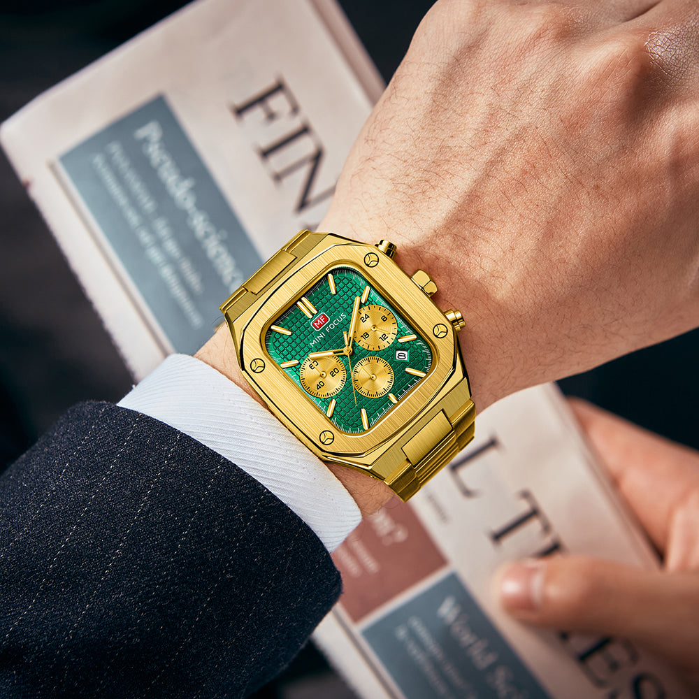 Mini Focus MF0414G.02 Imperial Emerald Chronograph – Gilded Steel Majesty & Geometric Power