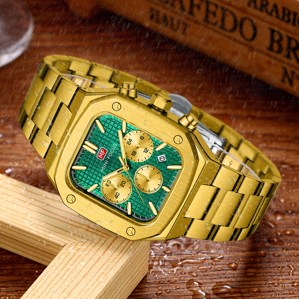 Mini Focus MF0414G.02 Imperial Emerald Chronograph – Gilded Steel Majesty & Geometric Power