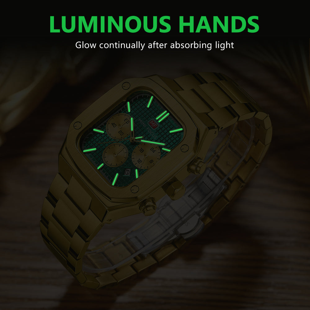 Mini Focus MF0414G.02 Imperial Emerald Chronograph – Gilded Steel Majesty & Geometric Power