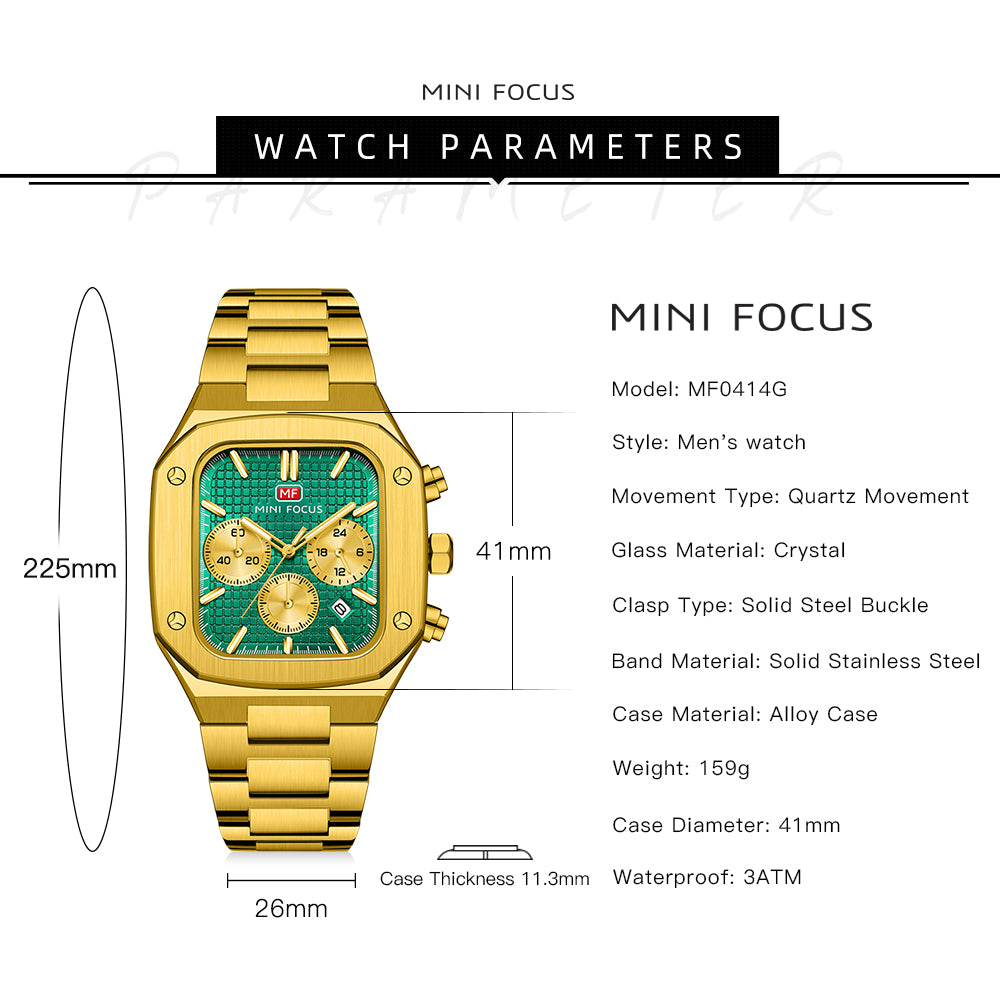 Mini Focus MF0414G.02 Imperial Emerald Chronograph – Gilded Steel Majesty & Geometric Power