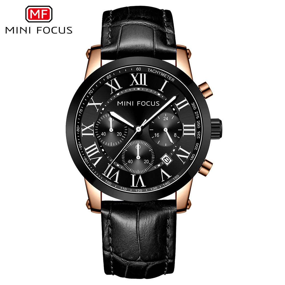 Mini Focus MF0415G.04 Heritage Black Leather Chronograph Watch for Men with Date Display