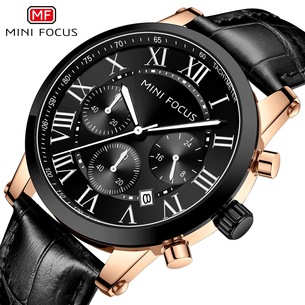 Mini Focus MF0415G.04 Heritage Black Leather Chronograph Watch for Men with Date Display