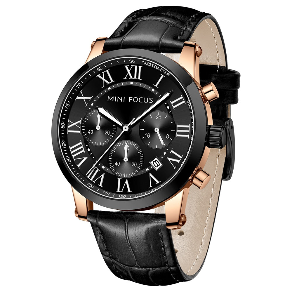 Mini Focus MF0415G.04 Heritage Black Leather Chronograph Watch for Men with Date Display