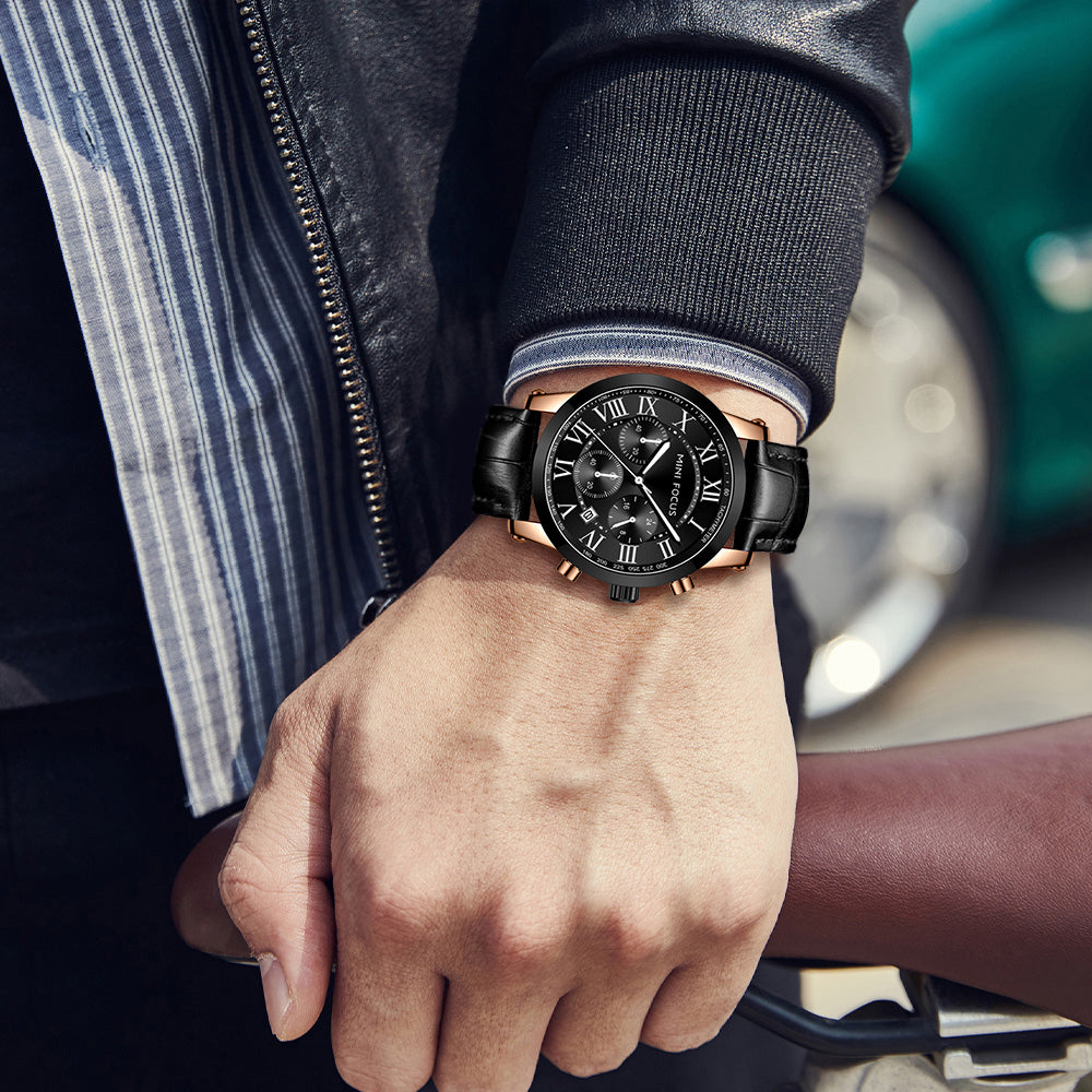 Mini Focus MF0415G.04 Heritage Black Leather Chronograph Watch for Men with Date Display