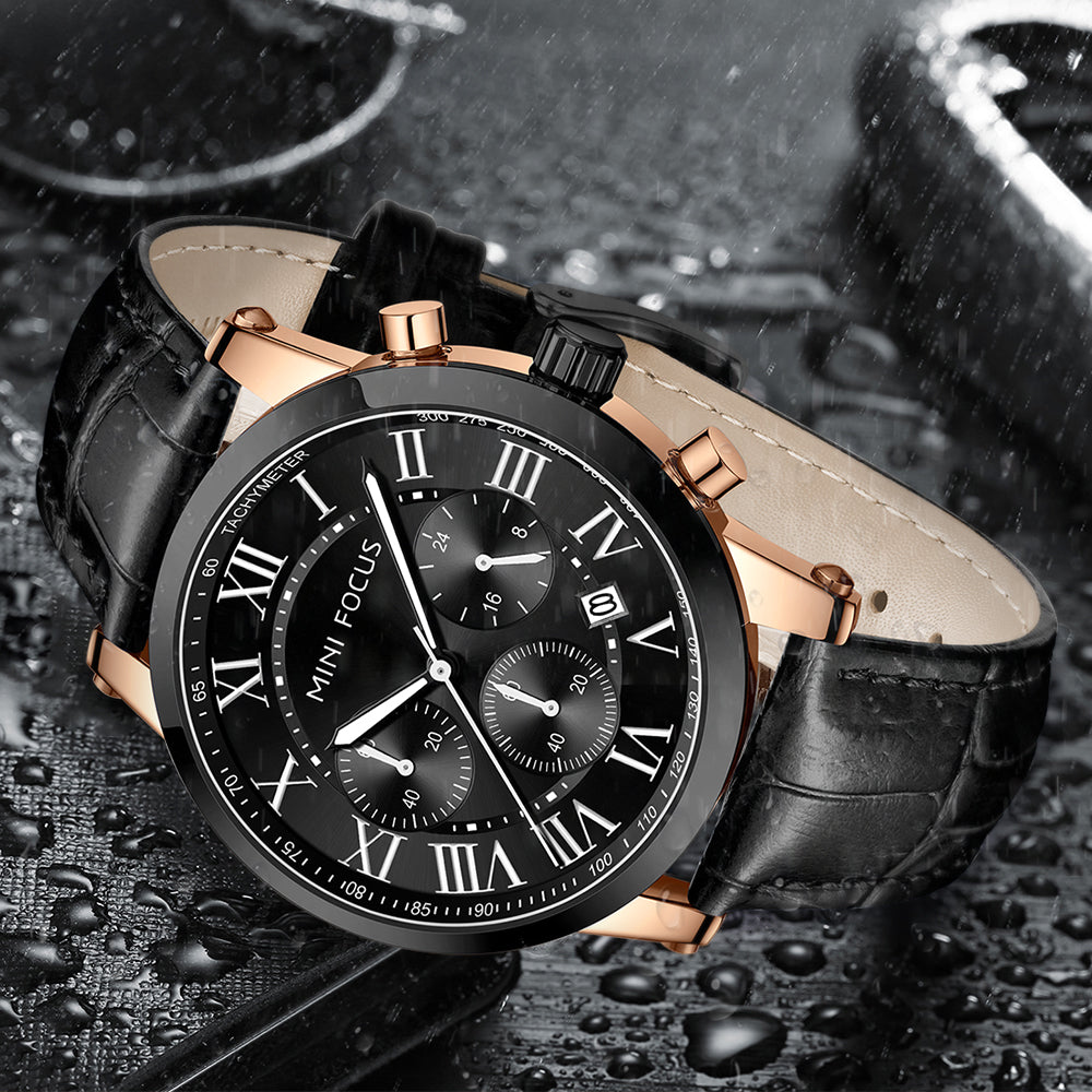 Mini Focus MF0415G.04 Heritage Black Leather Chronograph Watch for Men with Date Display