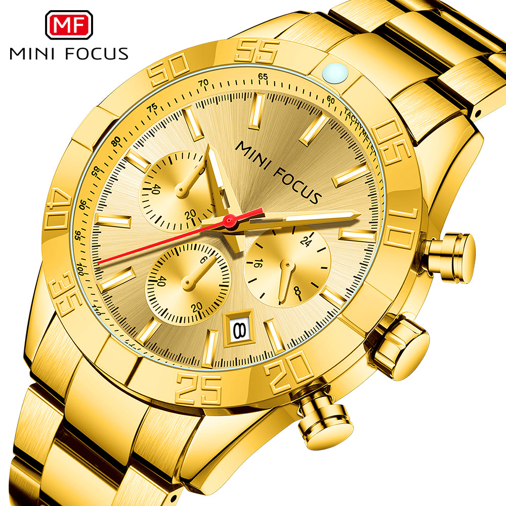 Mini Focus MF0416G.02 Golden Chronograph Watch for Men with Date Display