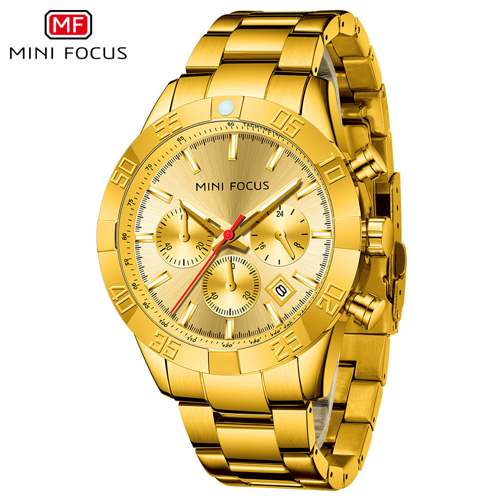 Mini Focus MF0416G.02 Golden Chronograph Watch for Men with Date Display
