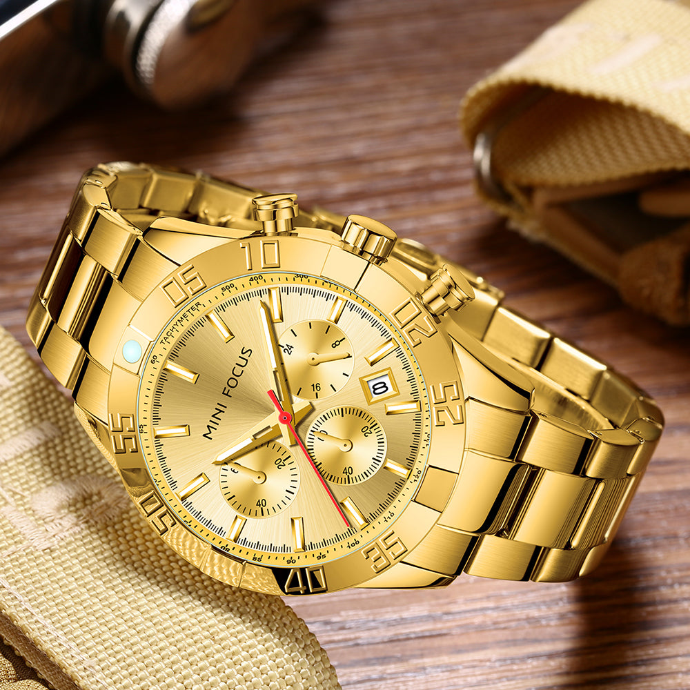Mini Focus MF0416G.02 Golden Chronograph Watch for Men with Date Display