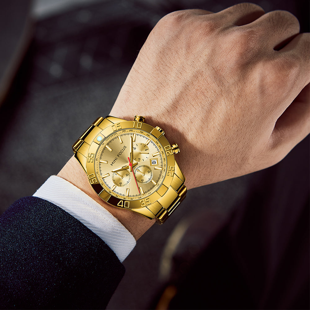 Mini Focus MF0416G.02 Golden Chronograph Watch for Men with Date Display