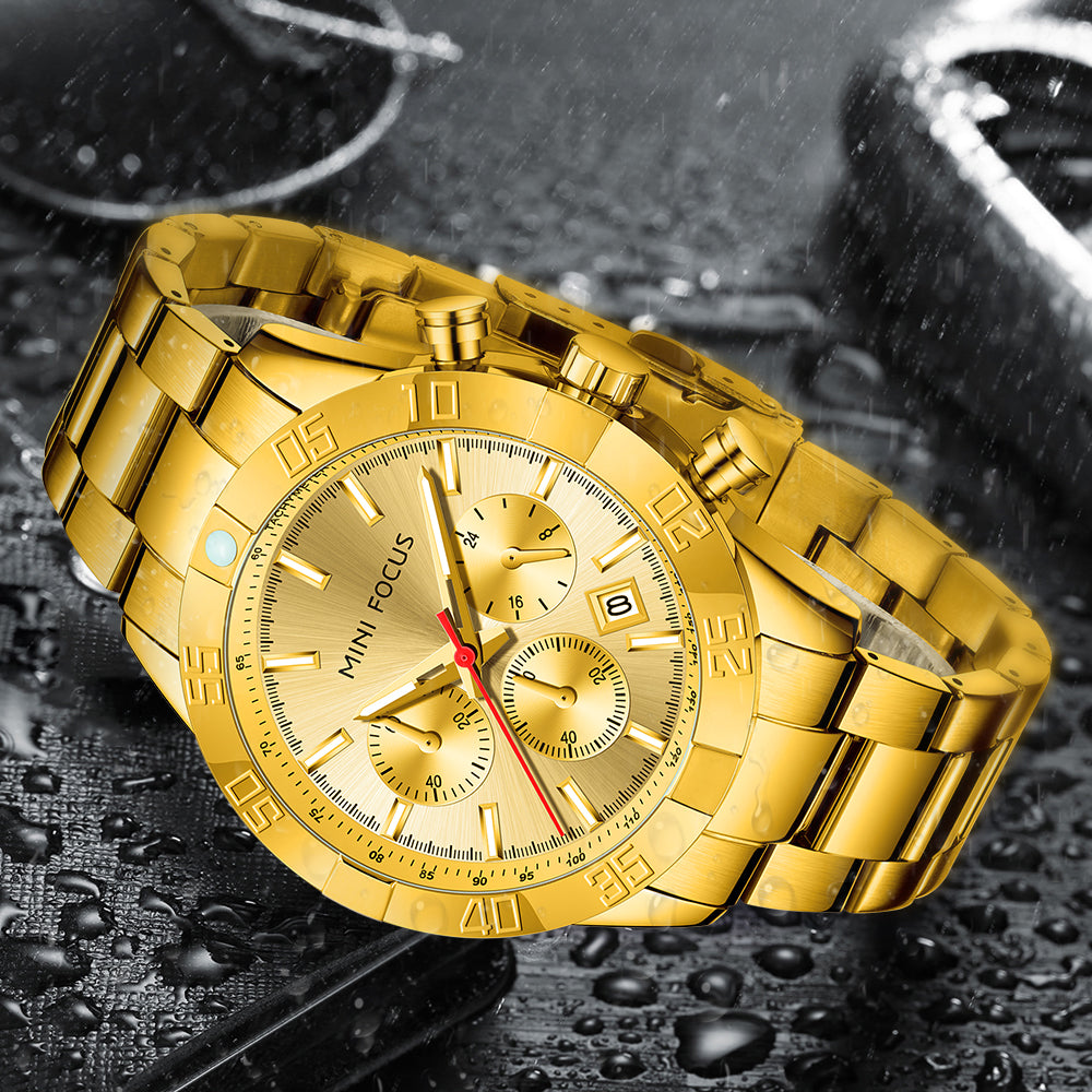 Mini Focus MF0416G.02 Golden Chronograph Watch for Men with Date Display