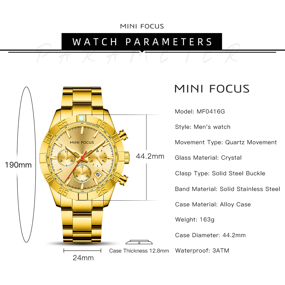 Mini Focus MF0416G.02 Golden Chronograph Watch for Men with Date Display