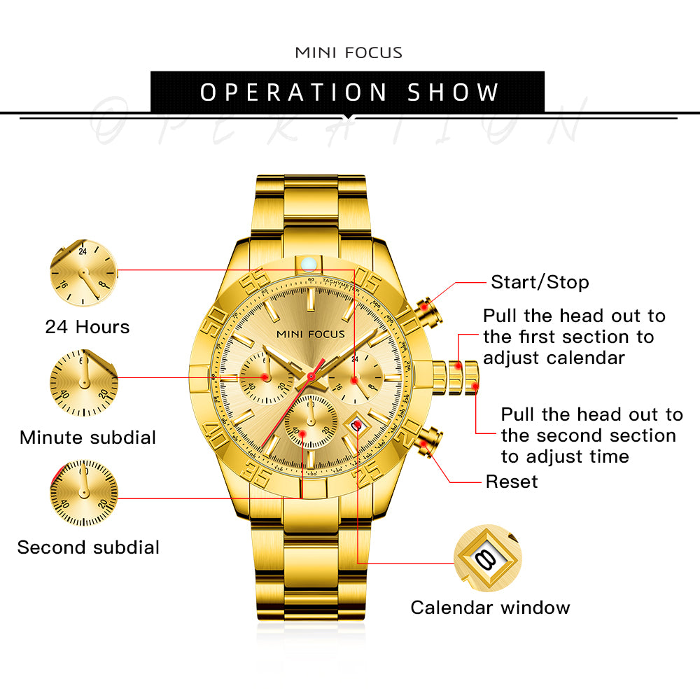 Mini Focus MF0416G.02 Golden Chronograph Watch for Men with Date Display