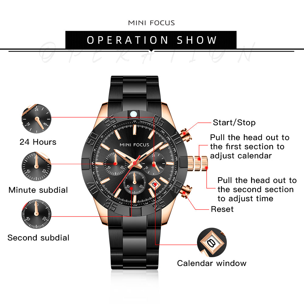 Mini Focus MF0416G.04 Black Chronograph Watch for Men with Date Display