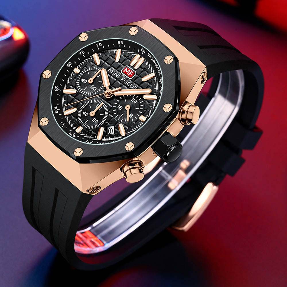Mini Focus MF0417G.01 Stealth Tachymeter Chronograph – Rose Gold Surge & Onyx Silicone Command