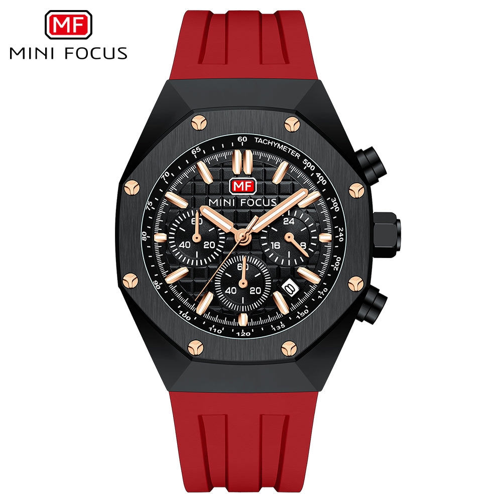 Mini Focus MF0417G.03 Inferno Tachymeter Chronograph – Rose Gold Velocity & Crimson Silicone Fury