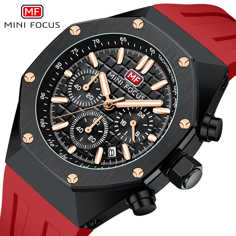Mini Focus MF0417G.03 Inferno Tachymeter Chronograph – Rose Gold Velocity & Crimson Silicone Fury