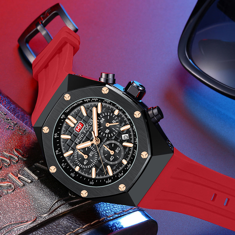 Mini Focus MF0417G.03 Inferno Tachymeter Chronograph – Rose Gold Velocity & Crimson Silicone Fury
