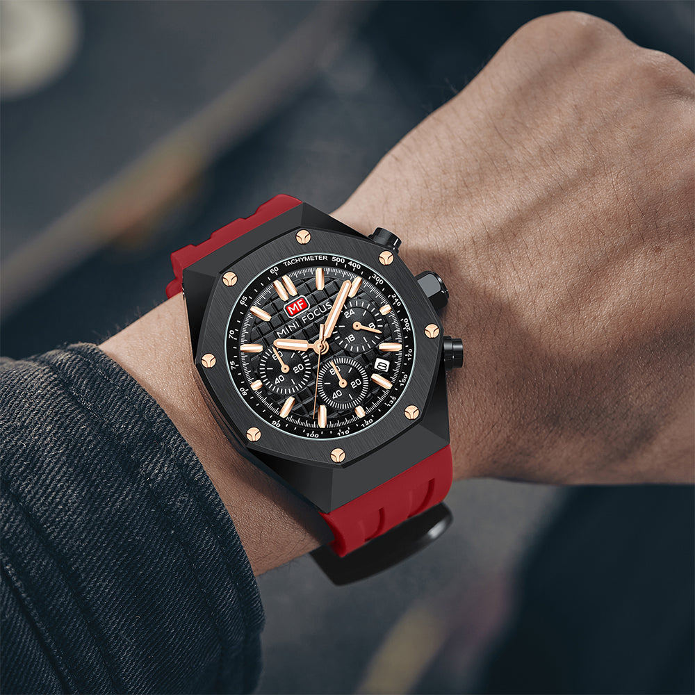 Mini Focus MF0417G.03 Inferno Tachymeter Chronograph – Rose Gold Velocity & Crimson Silicone Fury