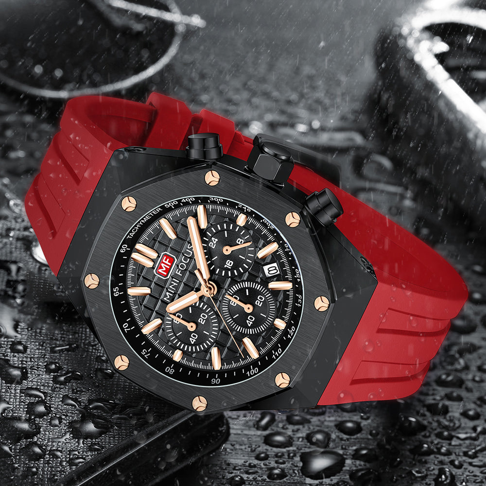 Mini Focus MF0417G.03 Inferno Tachymeter Chronograph – Rose Gold Velocity & Crimson Silicone Fury