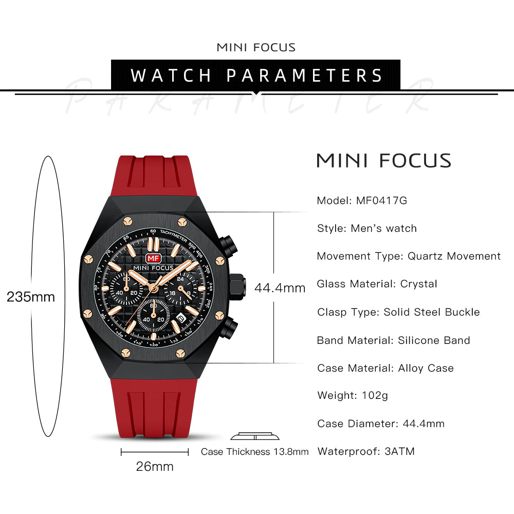 Mini Focus MF0417G.03 Inferno Tachymeter Chronograph – Rose Gold Velocity & Crimson Silicone Fury