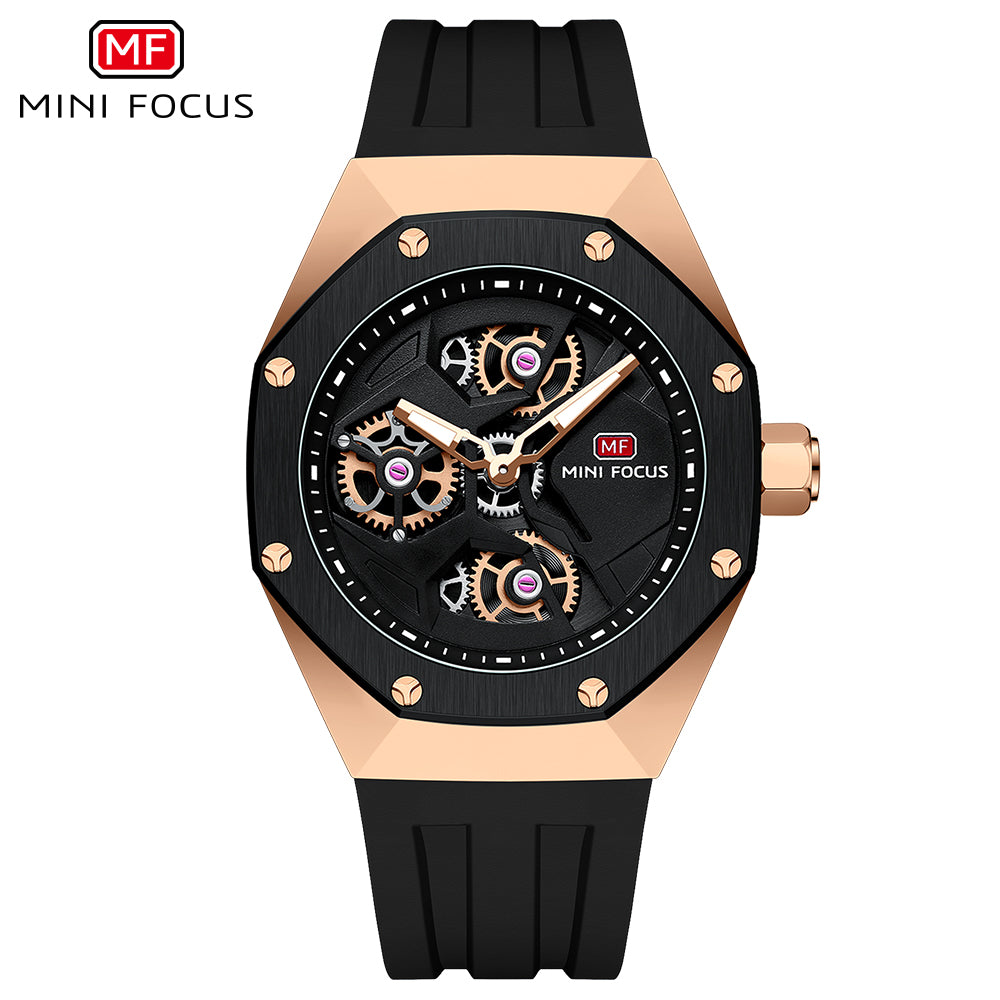 Mini Focus MF0422G.02 Skeleton Sport Watch – Rose Gold Power & Black Silicone Belt