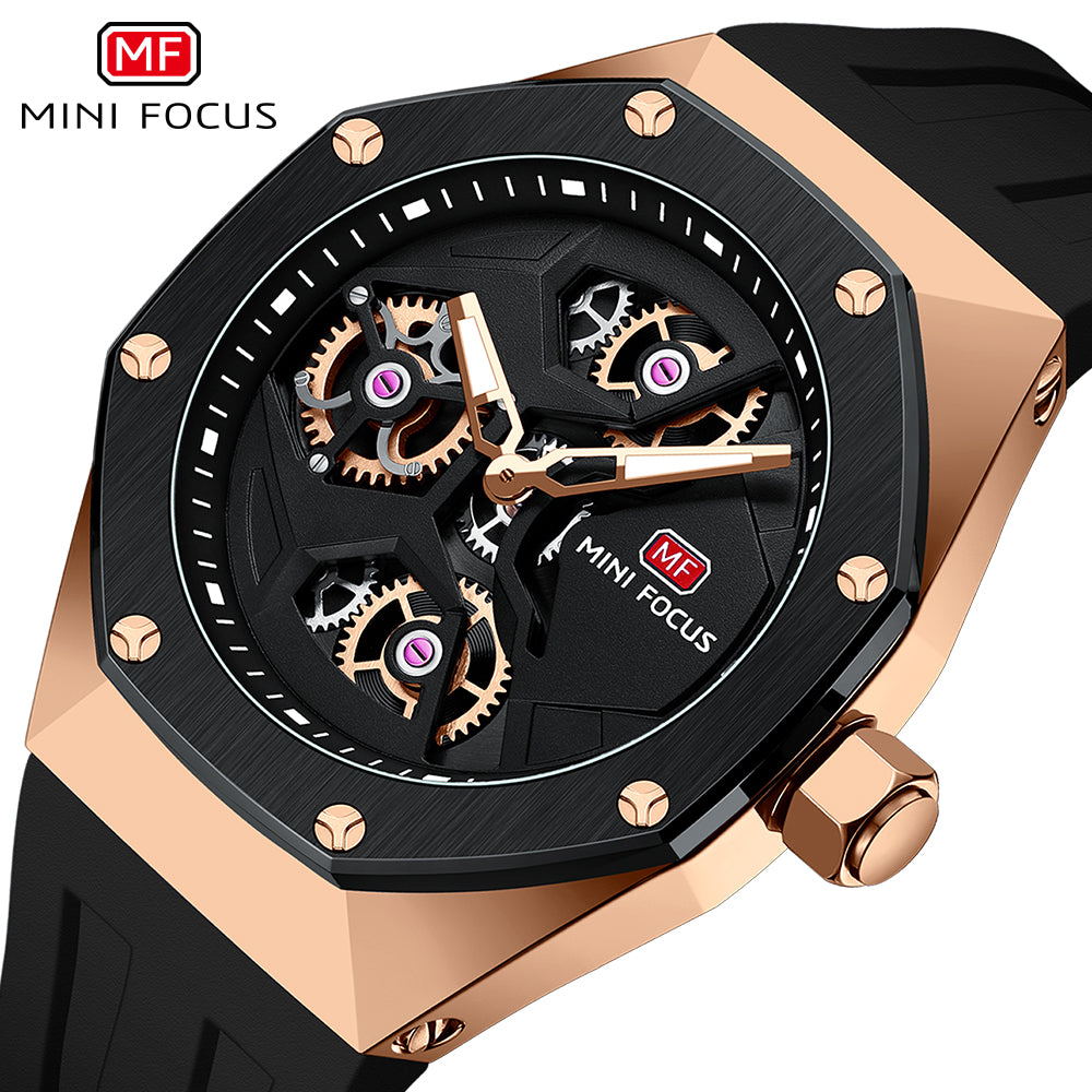 Mini Focus MF0422G.02 Skeleton Sport Watch – Rose Gold Power & Black Silicone Belt