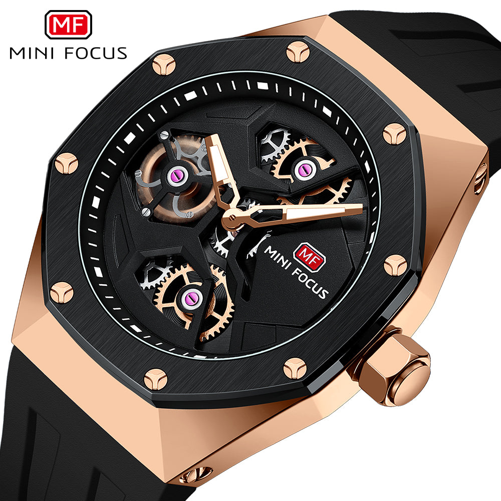 Mini Focus MF0422G.02 Skeleton Sport Watch – Rose Gold Power & Black Silicone Belt